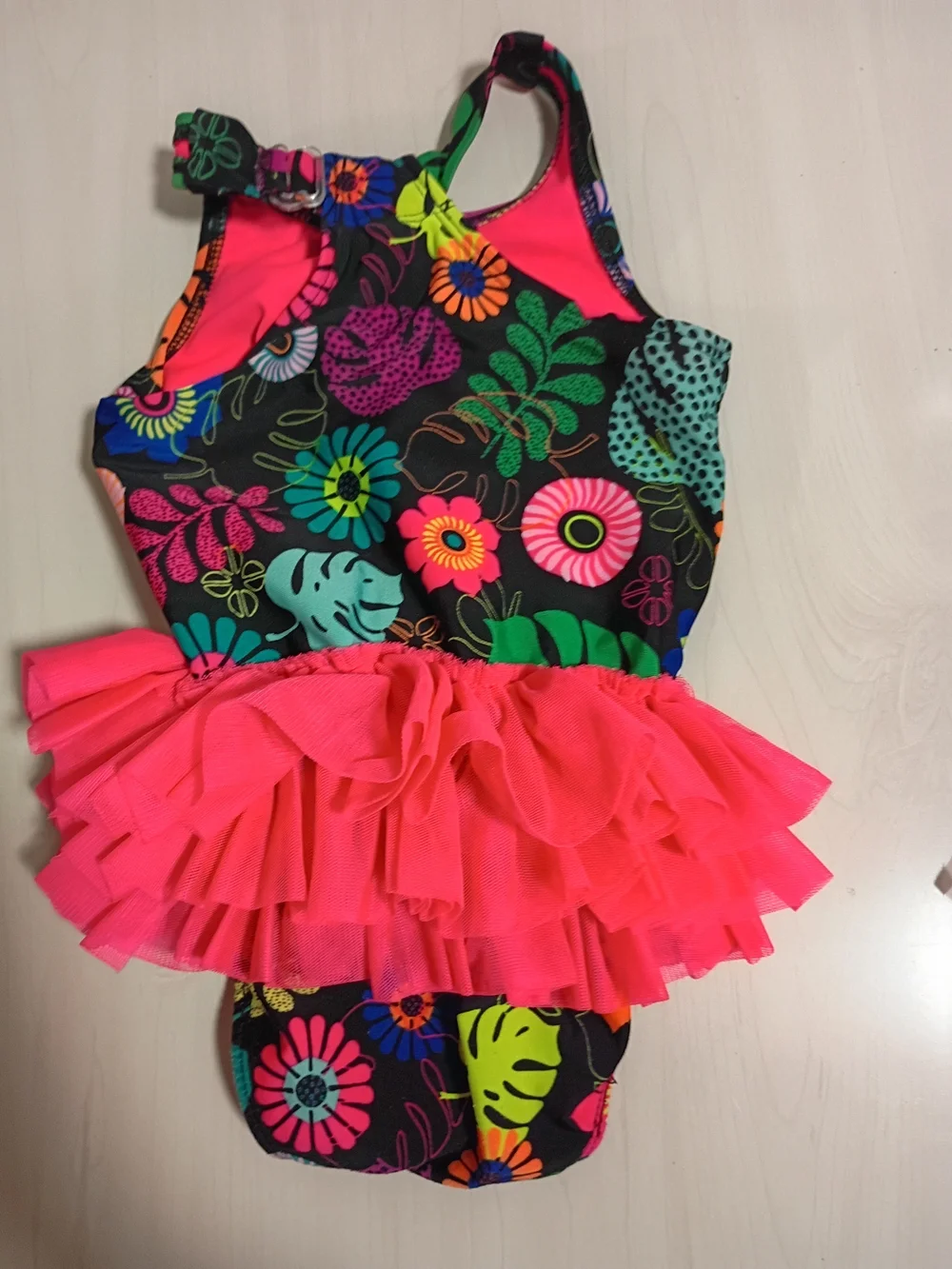 Cat & Jack Neon Floral Tutu One-Piece Swimsuit - Black & Hot Pink Size 2T